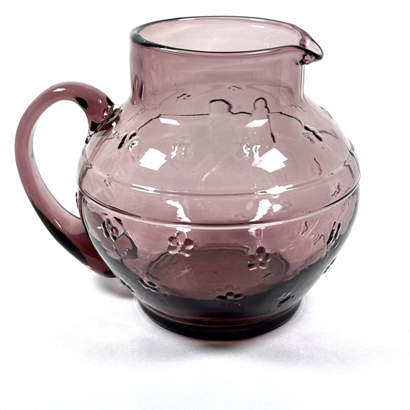 VTG Crownford Giftware 1988 Amethyst Rose Pink Art Glass Pitcher Bow Flowers - Picture 2 of 10